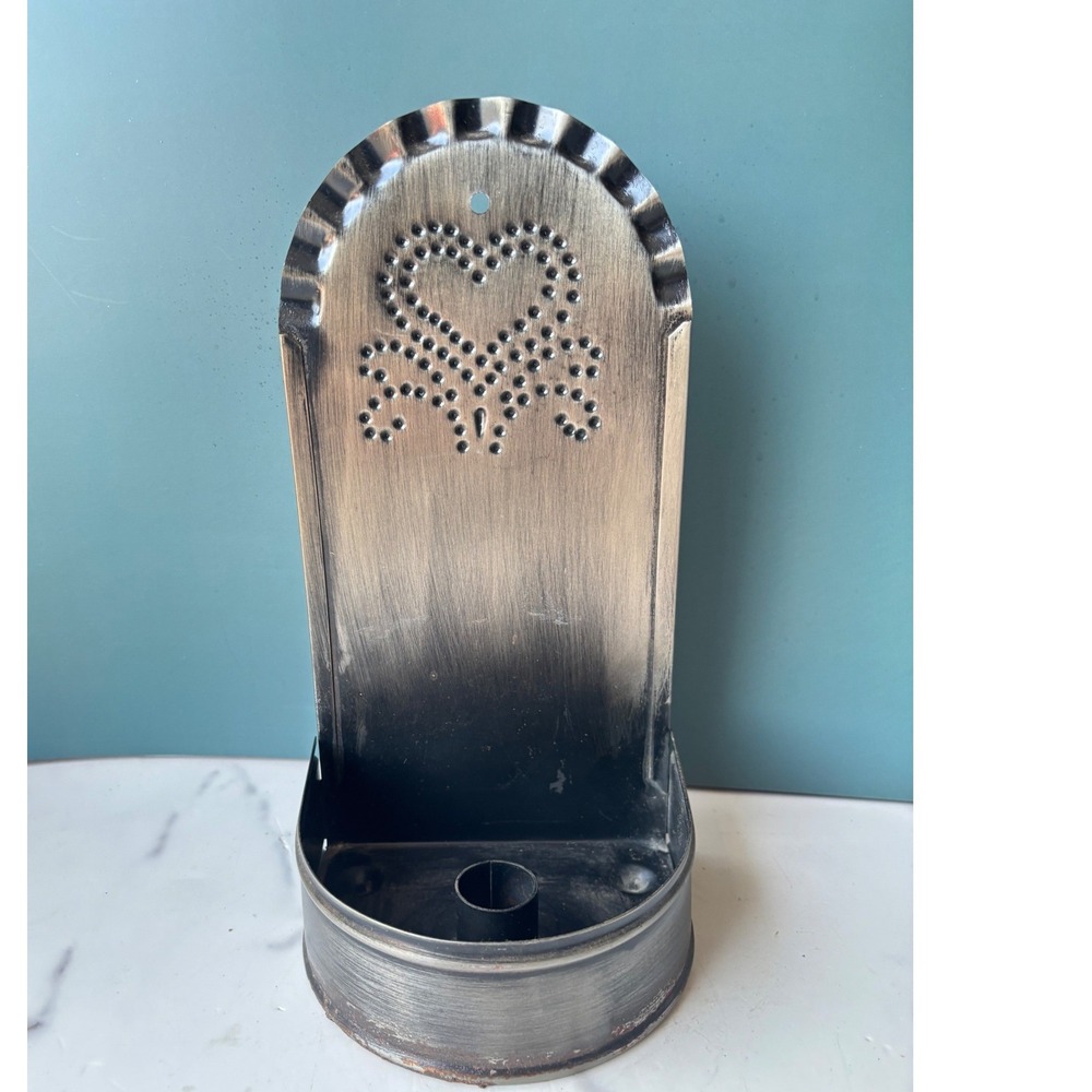 Vintage Punched Tin Wall Sconce Heart Taper Candle Holder Primitive Farmhouse
